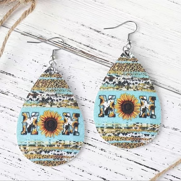 NIP Boho Turquoise MOM Pattern Sunflower PU Double-sided Water Drop Earrings - Picture 1 of 3